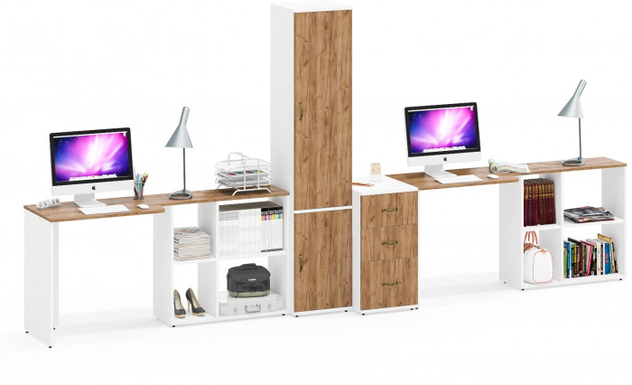 Лидер-8 Стол + Стол + Пенал МД 22Б + Тумба МД 3.16, цвет белый шагрень/крафт золото, ШхГхВ 410х50/37,5х75/190 или 270х120/50х75/190 см., НЕ ун. сб.