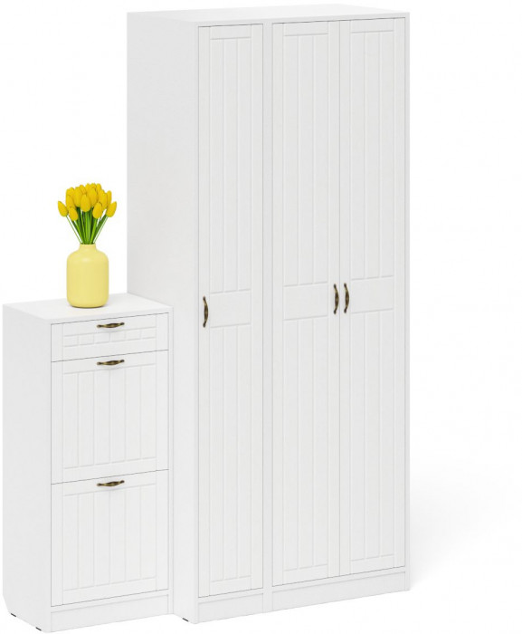 Прихожая П-6 Компоновка № 48, цвет белая шагрень/фасады МДФ белое дерево фрезеровка прованс, ШхГхВ 140х50х210 см., универсальная сборка