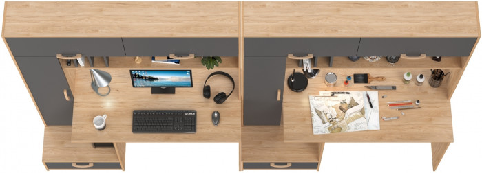 Лайт Стол письменный 03.243Н + Лайт Стол письменный 03.243Н, цвет гикори рокфорд натуральный/тёмно-серый, ШхГхВ 300,4х57,3х179,9 см., НЕ ун. сборка