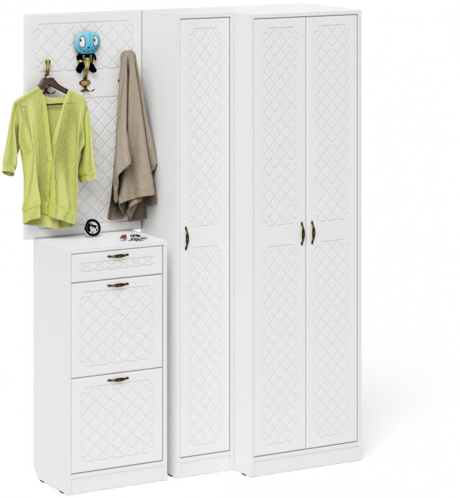 Прихожая П-6 Компоновка № 30, белая шагрень/фасады МДФ белое дерево фрезеровка ромб