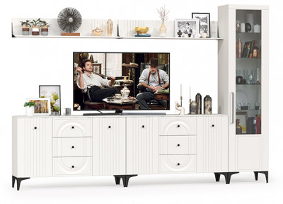 Валенсия Гостиная № 118, цвет ЛДСП белый шагрень/МДФ белый шагрень, ШхГхВ 321,3х38,4х225,2 см., универсальная сборка