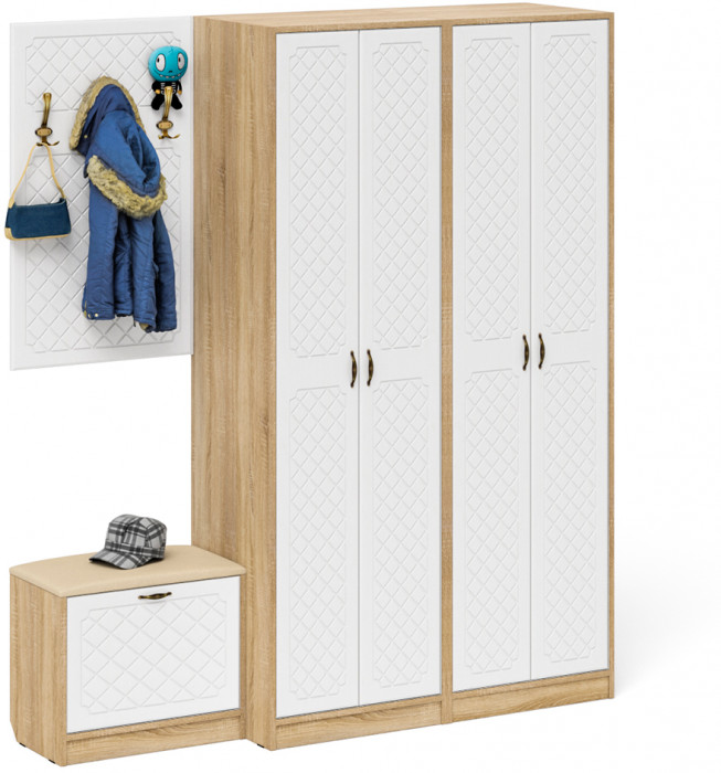 Прихожая П-6 Компоновка № 09, дуб сонома/фасады МДФ белое дерево фрезеровка ромб