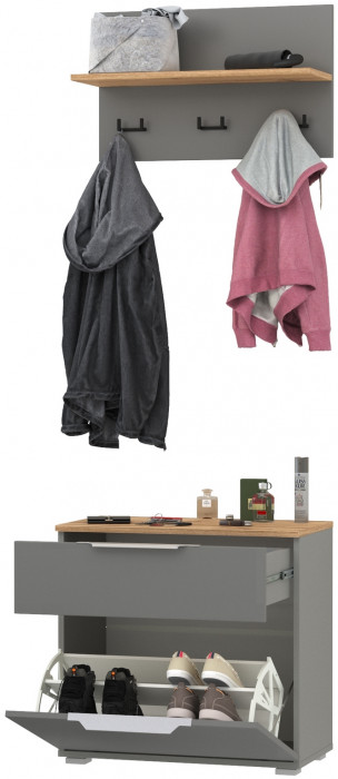 Октава 16.127 Тумба для обуви + 15.14.01 Вешалка, серый графит/дуб крафт золотой/фасады МДФ серый графит