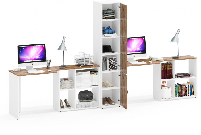 Лидер-8 Стол + Стол + Пенал МД 22Б, цвет белый шагрень/крафт золото, ШхГхВ 370х50/37,5х75/190 или 230х120/50х75/190 см., НЕ универсальная сборка