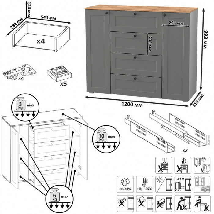 Остин Прихожая 70, цвет серый графит/дуб крафт золотой, ШхГхВ 240х41,9х160 см.