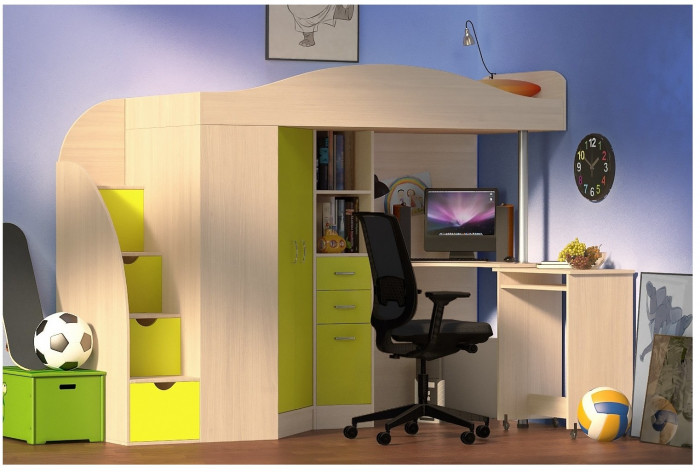 Кровать-чердак Юниор 4 (Ясень Анкор Темный/Ирис)