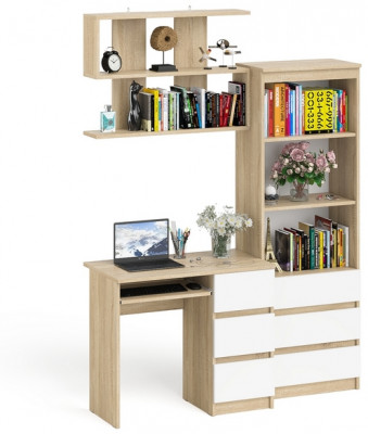 Мори Стол компьютерный МС-6 правый + Стеллаж МСТ600.3 + Полка 900, цвет дуб сонома/белый, ШхГхВ 150,4х50х209,6 см., НЕ универс. сборка