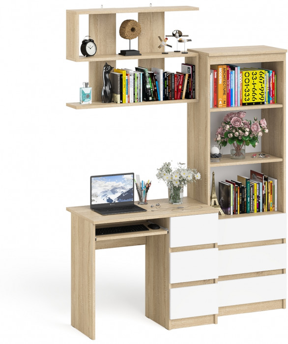 Мори Стол компьютерный МС-6 правый + Стеллаж МСТ600.3 + Полка 900, цвет дуб сонома/белый, ШхГхВ 150,4х50х209,6 см., НЕ универс. сборка