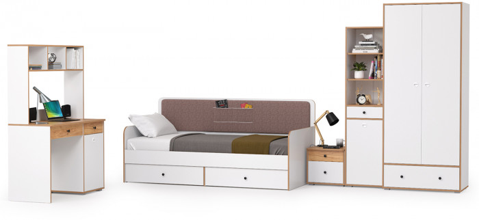 Вуди Компоновка № 39, цвет белый премиум/дуб крафт золотой/саванна латте, сп. м. 900х2000 мм., б/м, основание есть, матрас высотой до 200 мм.