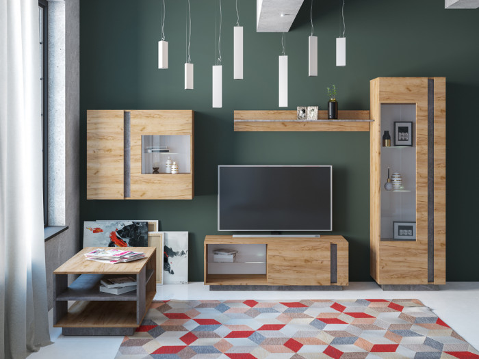 КР100 ??? Арчи № 05, цвет дуб крафт золотой/камень тёмный, ШхГхВ 190х41,3х193,7 см., ниша для ТВ 130х41х110 см., НЕ универсальная сборка