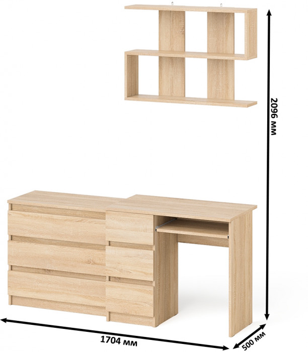 Мори Стол компьютерный МС-6 левый + Комод МК800.1 + Полка 900, цвет дуб сонома, ШхГхВ 170,4х50х209,6 см., НЕ универсальная сборка