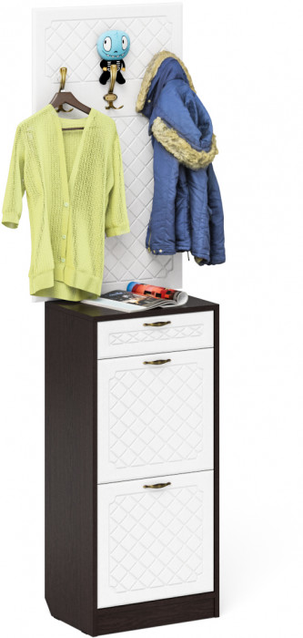 Прихожая П-6 Тумба для обуви 2 секции + Вешалка, венге/фасады МДФ белое дерево фрезеровка ромб