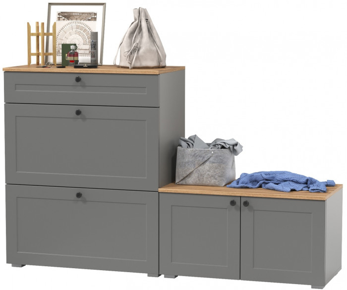 Остин 16.121 Тумба для обуви + 13.257 Тумба, цвет серый графит/дуб крафт золотой, ШхГхВ 160х41,9х99,3 см., универсальная сборка