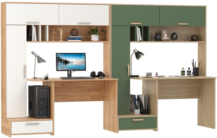 Два Стола письменных Лайт 03.243Н, дуб крафт золотой/белый премиум/плэйн/дымчатый зелёный