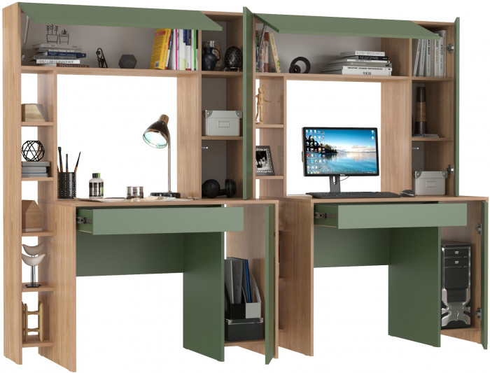 Стол комп. Комфорт 12.71+компьютерный стол Комфорт 12.71, гикори рокфорд натуральный/дымчатый зелёный