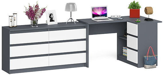 Мори компьютерный стол МС-16 правый + Комод МК1380.6, графит/белый