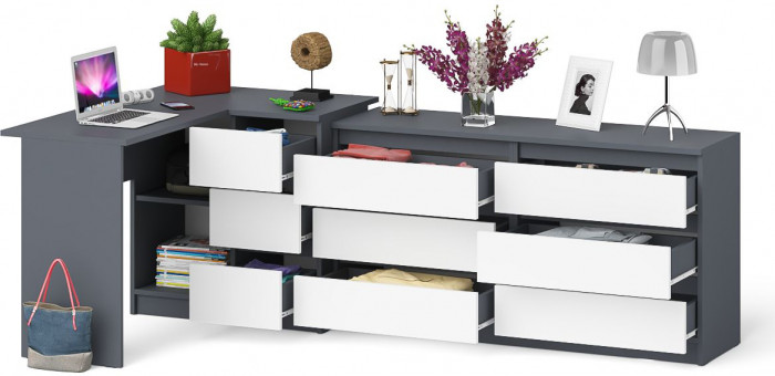 Мори компьютерный стол МС-16 правый + Комод МК1380.6, графит/белый