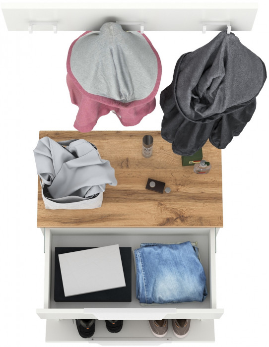 Октава 16.127 Тумба для обуви + 15.14.02 Вешалка, белый шагрень/дуб крафт золотой/фасады МДФ белый шагрень