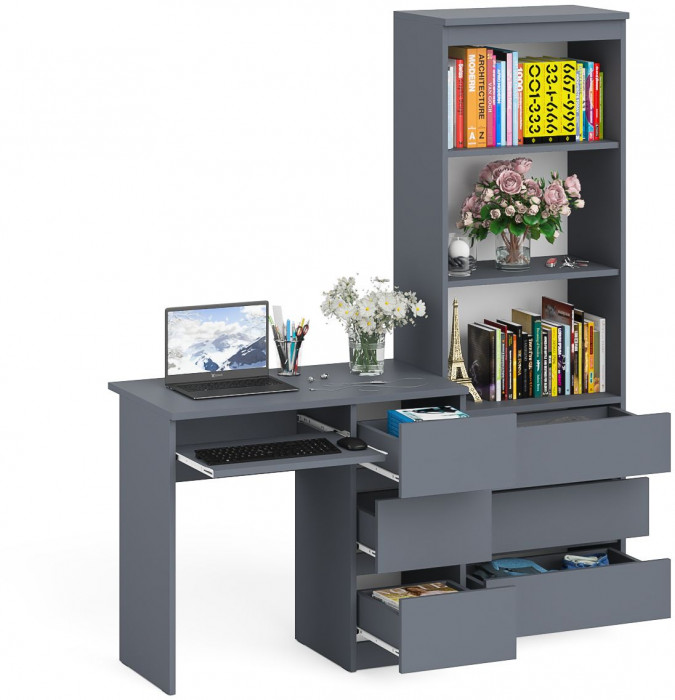 Мори Стол компьютерный МС-6 правый + Стеллаж МСТ600.3, цвет графит, ШхГхВ 150,4х50х179,6 см., выдвижные ящики справа, НЕ универсальная сборка