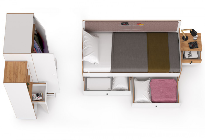 Вуди Компоновка № 40, цвет белый премиум/дуб крафт золотой/саванна латте, сп. м. 900х2000 мм., б/м, основание есть, матрас высотой до 200 мм.