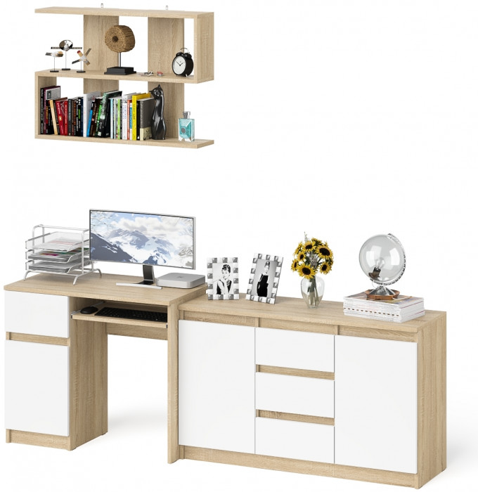 Мори Стол компьютерный МС-1 левый + Комод МК1200.3 + Полка 900, цвет дуб сонома/белый, ШхГхВ 210,4х50х209,6 см., НЕ универсальная сборка