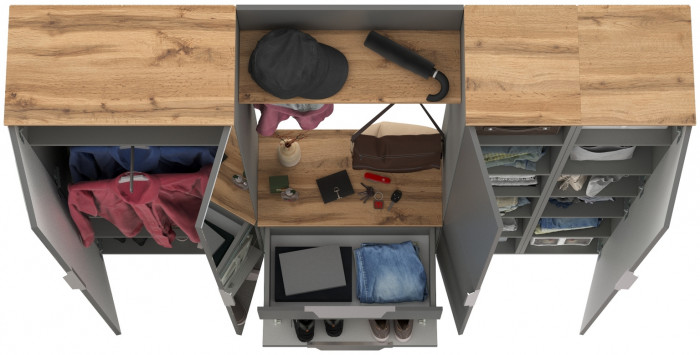 Октава Прихожая 31, цвет серый графит/дуб крафт золотой/фасады МДФ серый графит, ШхГхВ 193,7х35,4х197,6 см., универсальная сборка