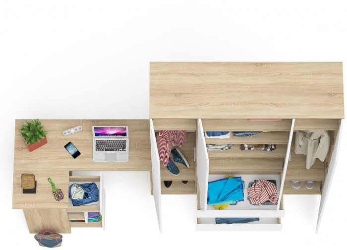 Мори Стол компьютерный МС-16 левый + Шкаф МШ1600.1, цвет дуб сонома/белый, ШхГхВ 284,8х84,9х209,6 см., выдвижные ящики слева, НЕ универсальная сборка