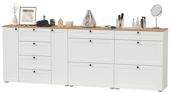 Остин 16.221 Комод + 16.121 Тумба для обуви + 16.121 Тумба для обуви, белый шагрень/дуб крафт золотой