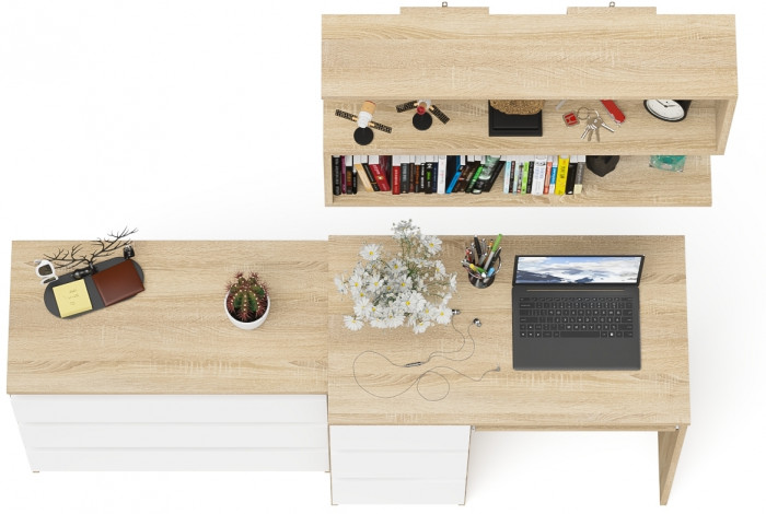Мори Стол компьютерный МС-6 левый + Комод МК800.1 + Полка 900, цвет дуб сонома/белый, ШхГхВ 170,4х50х209,6 см., НЕ универсальная сборка