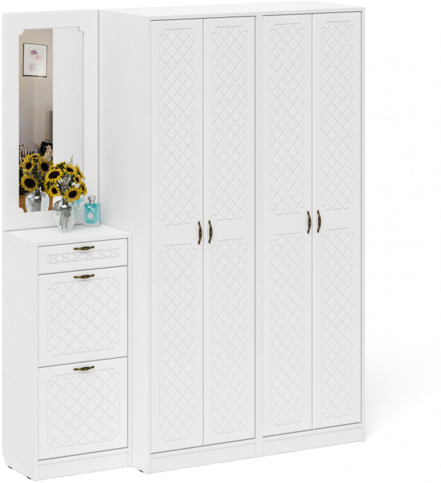 Прихожая П-6 Компоновка № 14, цвет белая шагрень/фасады МДФ белое дерево фрезеровка ромб, ШхГхВ 170х50х210 см., универсальная сборка