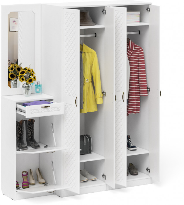 Прихожая П-6 Компоновка № 14, цвет белая шагрень/фасады МДФ белое дерево фрезеровка ромб, ШхГхВ 170х50х210 см., универсальная сборка