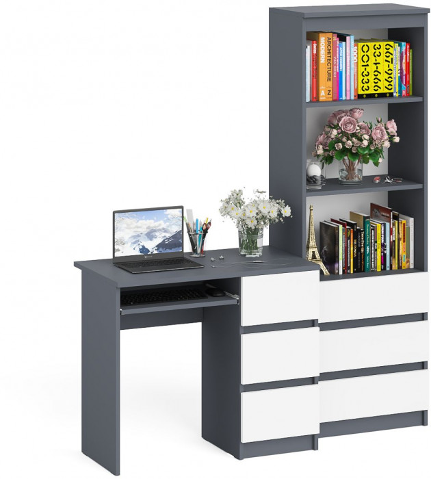 Мори Стол компьютерный МС-6 правый + Стеллаж МСТ600.3, цвет графит/белый, ШхГхВ 150,4х50х179,6 см., выдвижные ящики справа, НЕ универсальная сборка