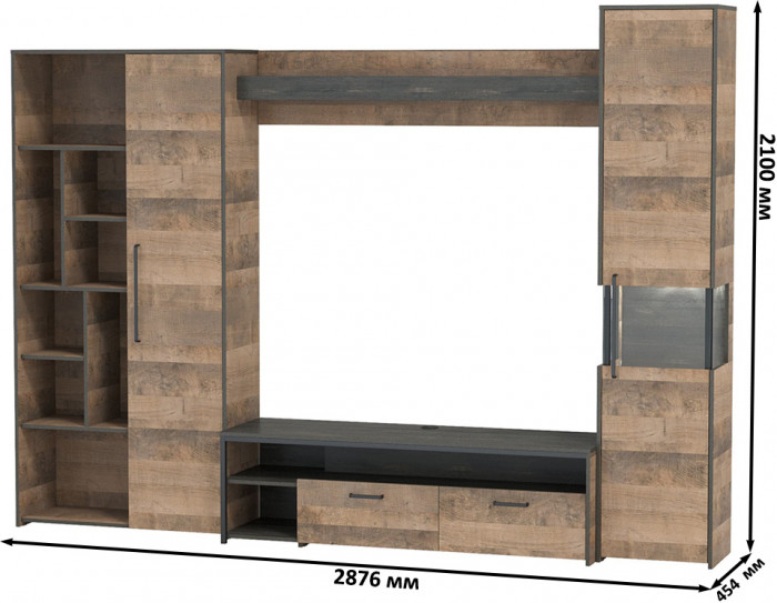 Трувор Гостиная 019, цвет дуб гранж песочный/интра, ШхГхВ 287,6х45,4х210 см., универсальная сборка
