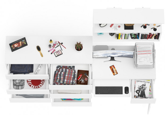 Мори Стол компьютерный МС-1 правый + Комод МК1200.10 + Полка 900, цвет белый, ШхГхВ 210,4х50х209,6 см., НЕ универсальная сборка