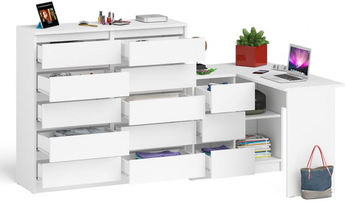 Мори Стол компьютерный МС-16 левый + Комод МК1200.10, цвет белый, ШхГхВ 244,8х84,9х115 см., выдвижные ящики слева, НЕ универсальная сборка