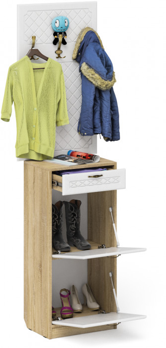 Прихожая П-6 Тумба для обуви 2 секции + Вешалка, дуб сонома/фасады МДФ белое дерево фрезеровка ромб