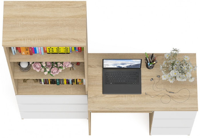 Мори Стол компьютерный МС-6 правый + Стеллаж МСТ600.3, цвет дуб сонома/белый, ШхГхВ 150,4х50х179,6 см., выдвижные ящики справа, НЕ универс. сборка