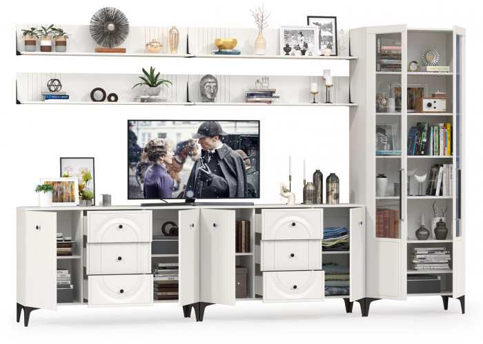 Валенсия Гостиная № 122, цвет ЛДСП белый шагрень/МДФ белый шагрень, ШхГхВ 350,4х38,4х225,2 см., универсальная сборка