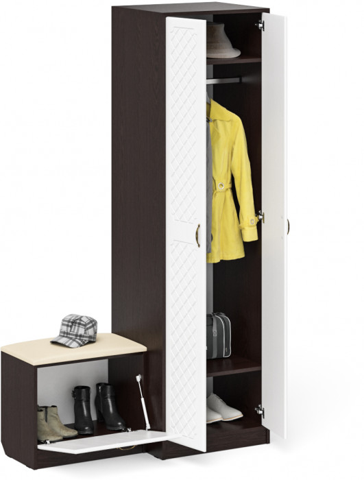 Прихожая П-6 Компоновка № 10, венге/фасады МДФ белое дерево фрезеровка ромб