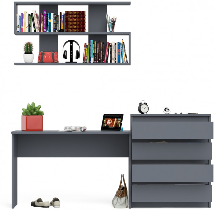 Мори Стол письменный МСП1200.1 + Комод МК800.4 + Полка 1200, цвет графит, ШхГхВ 200,8х50х209,6 см., универсальная сборка