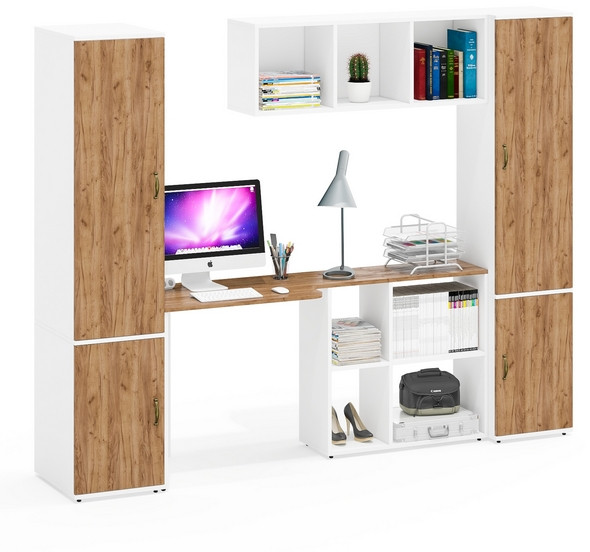 Лидер-8 Пенал МД 23Б + Стол + Полка + Пенал 21Б, белый шагрень/крафт золото