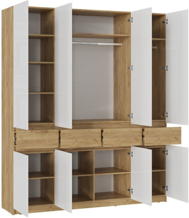 Модульная прихожая Бостон МДФ, композиция 2 (Белый глянец, Дуб Крафт Золотой)