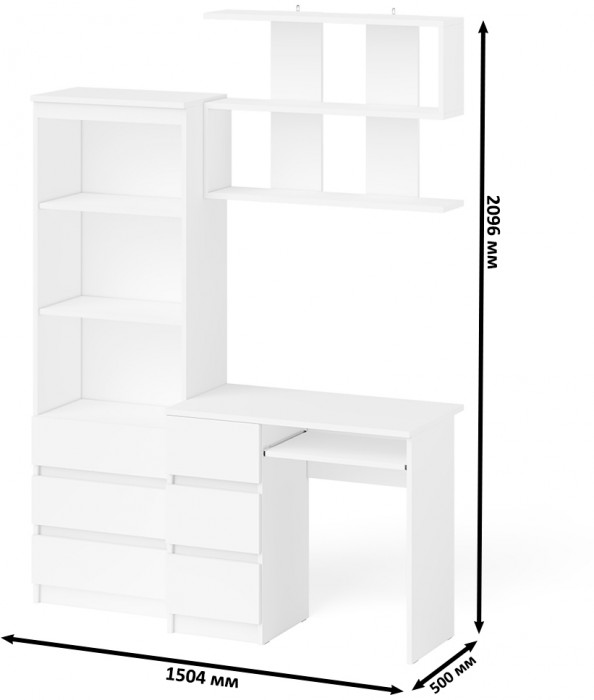 Мори компьютерный стол МС-6 левый + Стеллаж МСТ600.3 + Полка 900, белый