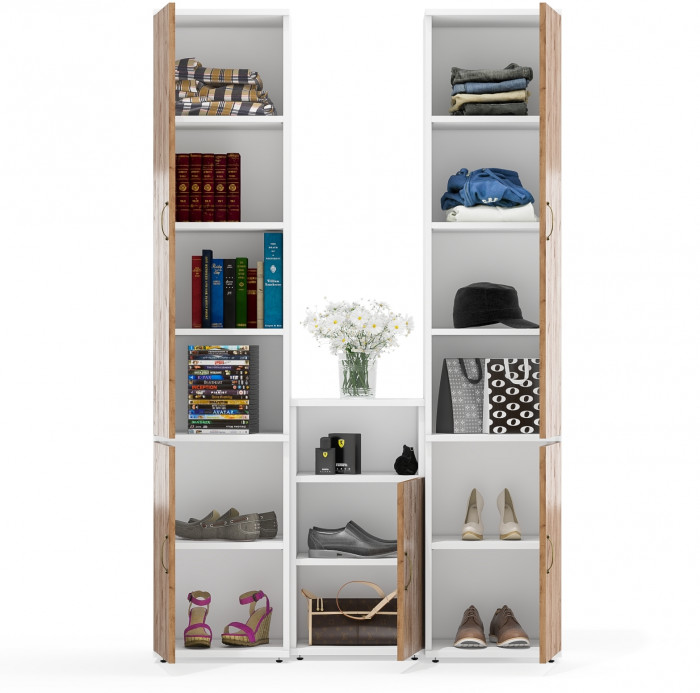 Лидер-8 Пенал МД 22Б + Пенал МД 22Б + Тумба МД 3.19, цвет белый шагрень/крафт золото, ШхГхВ 120х37,5х190 см., универсальная сборка