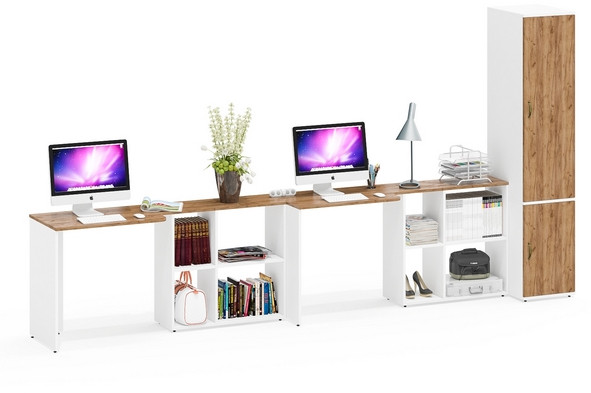 Лидер-8 Стол + Стол + Пенал МД 23Б, цвет белый шагрень/крафт золото, ШхГхВ 370х50х75/190 или 230х120/50х75/190 см., НЕ универсальная сборка