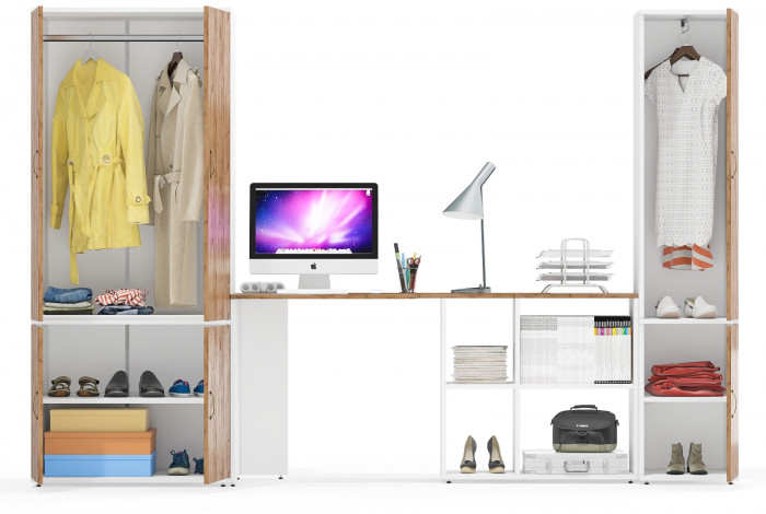 Лидер-8 Шкаф МД 19Б + Стол + Пенал 21Б, цвет белый шагрень/крафт золото, ШхГхВ 285х50/37,5х75/190 или 195х120х75/190 см., НЕ ун.сб.