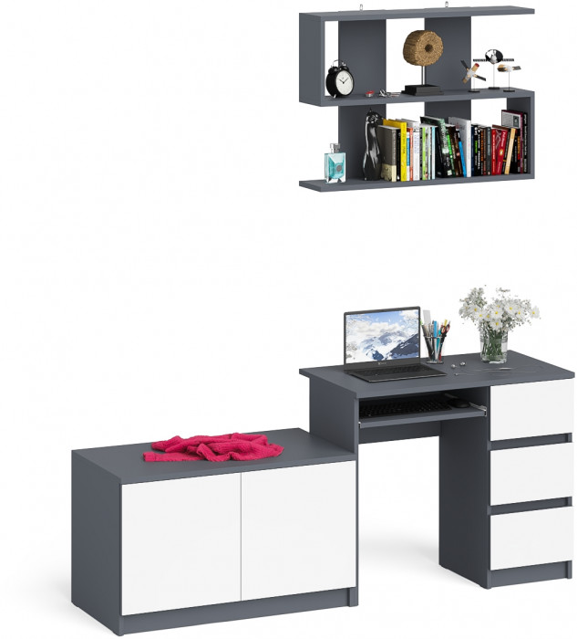 Мори Стол компьютерный МС-6 правый + Тумба МА900.1 + Полка 900, цвет графит/белый, ШхГхВ 180,4х50,4х209,6 см., НЕ универсальная сборка