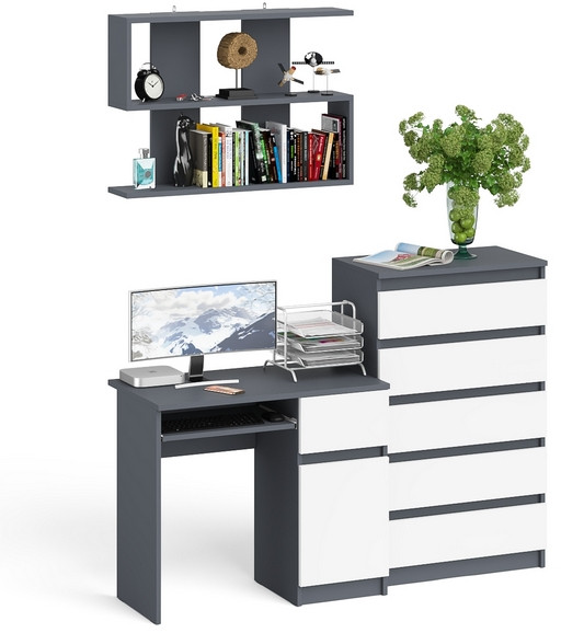 Мори компьютерный стол МС-1 правый + Комод МК700.5 + Полка 900, графит/белый