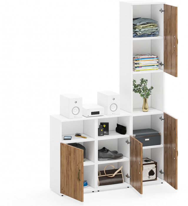 Лидер-8 Пенал + Тумба МД 3.19 + Тумба МД 3.19, цвет белый шагрень/крафт золото, ШхГхВ 120х30х190 см., универсальная сборка