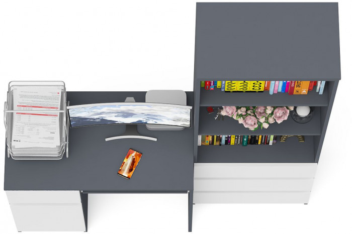 Мори Стол компьютерный МС-1 левый + Стеллаж МСТ600.3, цвет графит/белый, ШхГхВ 150,4х50х179,6 см., выдвижной ящик слева, НЕ универсальная сборка